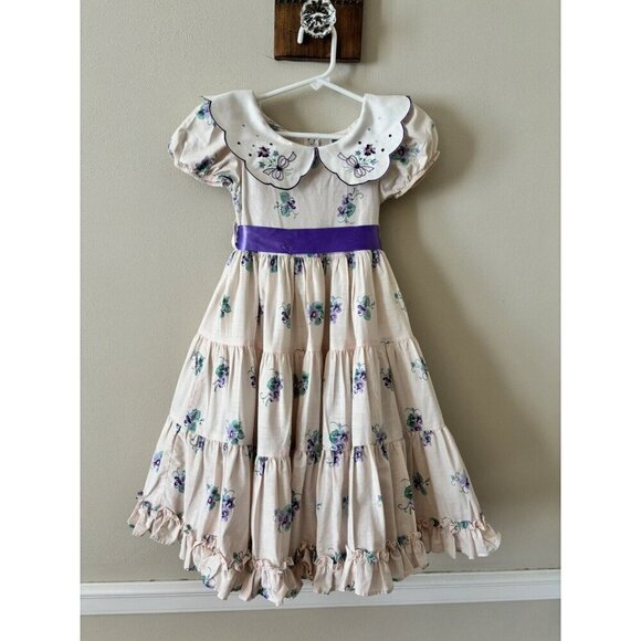 Vintage Daisy Kingdom Girls Size 4 Peach Purple Floral Dress Short Sleeve - Picture 1 of 8